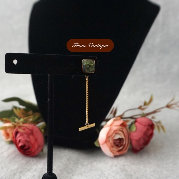 👔 VINTAGE Men Suit Square Green Gem Golden Tie Clip with Chain 🔗 - Picture 2 of 6